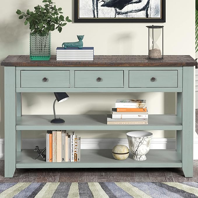 Farmhouse Wood Entryway Console Table 48-Inch Modern Sofa Entry Table with Drawers and Storage Shelves for Entrance Living Room (Green)