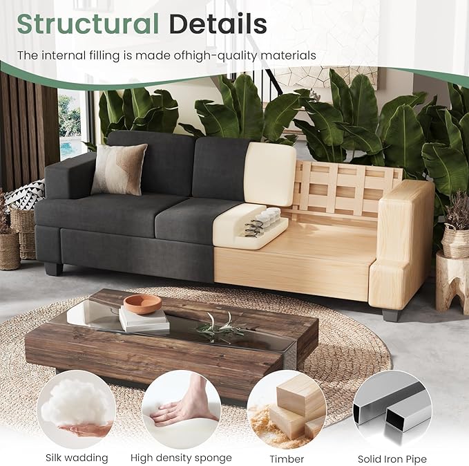 Sofa, 3 Piece Set Comfy Sofa, Loveseat & 2 3-Seater Couch with Deep Seats for Living Room, Modern Sleeper Couch, Dark Grey Chenille