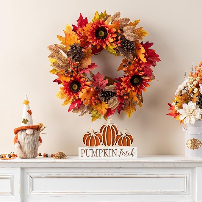 Glitzhome 24''D Fall Wreath with Hanger, Artificial Autumn Wreath for Front Door with Sunflower, Pinecone and Berry, Harvest Wreaths Decor for Indoor Outdoor Holiday Decoration