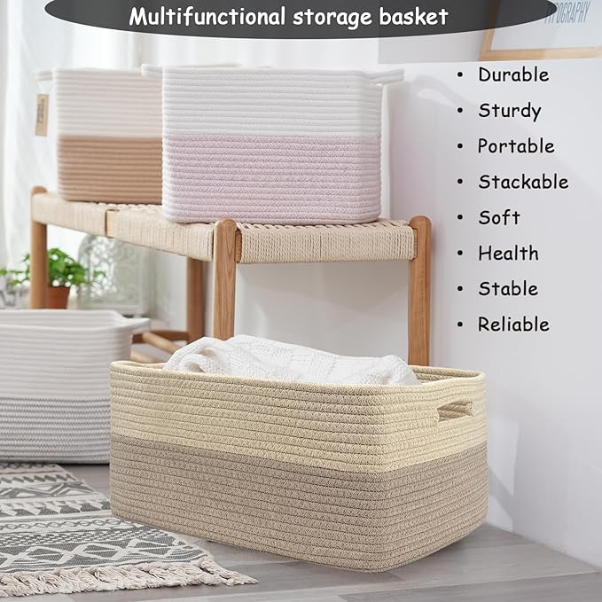 COMFY-HOMI Cotton Rope Woven Basket with Handles for Shelves,Toys,Book, Cloth Storage Baskets for Organizing-17" x 13" x 7.5" Toy Decorative Organizer for Living Room, Bathroom (Beige brown)