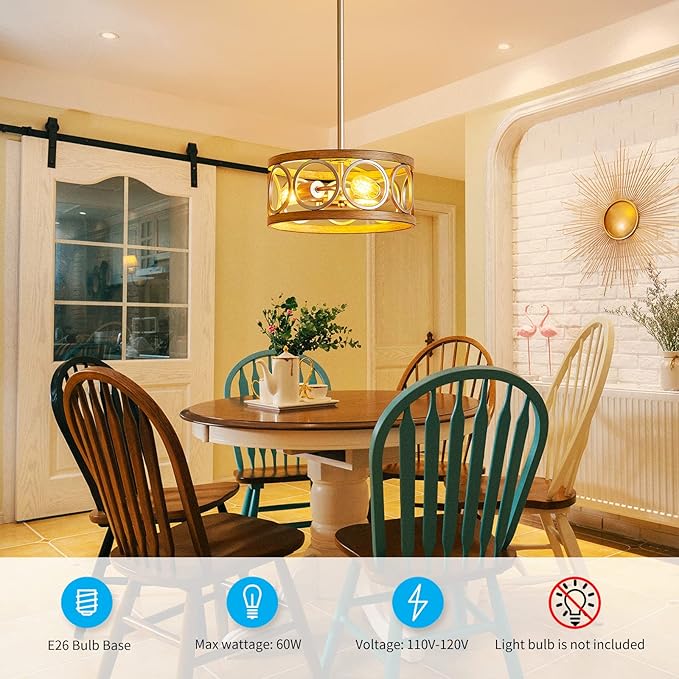 XINGQI Modern Ceiling Light Adjustable Height Pendant Lighting Fixture Brushed Nickel Wood Grain Metal 13" Rustic Round Lights for Dining Room Kitchen Bedroom Foyer Hallway