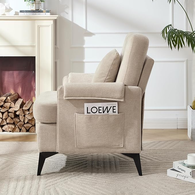 KCC Mid-Century Accent Chairs,Chenille Modern Upholstered Single Sofa,Cozy Armchair with Back for Bedroom/Office/Cafe,Begie