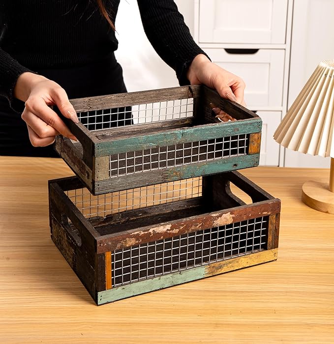 TIMRIS Set of 2 Rustic Wooden Countertop Baskets, Farmhouse Distressed Nesting Boxes, Small Decorative Wooden Storage Crates, Reclaimed Wood Organizer Baskets with Wire Mesh (Random)