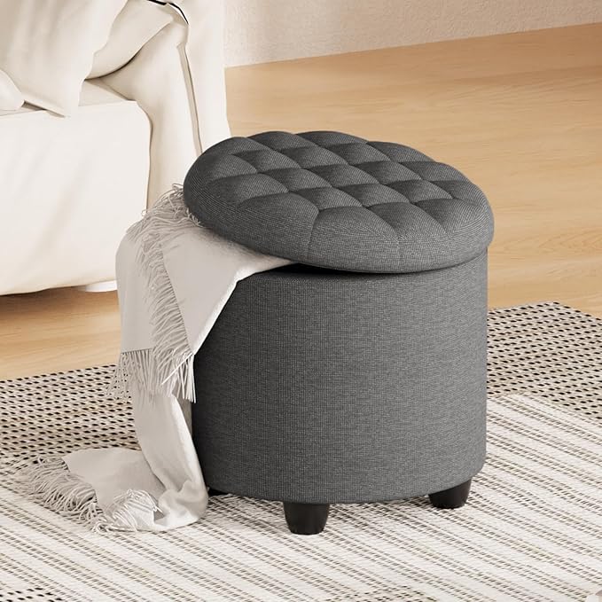 Furniliving 18.7inch Storage Round Ottoman, Footstools with Hidden Storage with Removable Lid, Stylish Button Tufted Design Ottoman Foot Stools for Living Room, Bedroom,Darkgrey