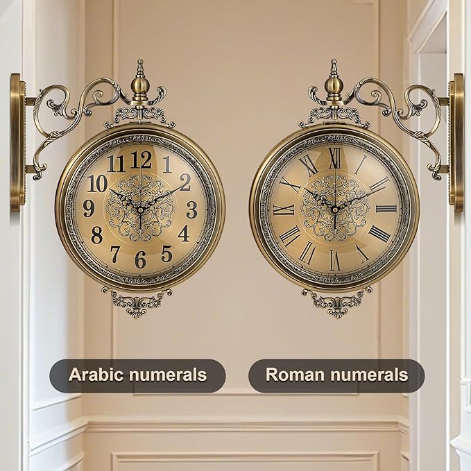 Large Vintage Double Sided Wall Clock with Glass & Metal, Roman and Arabic Numerals, Silent Non-Ticking Battery Operated Antique Clock for Living Room, Office, Hallway Decor (15x18.5 Inch)