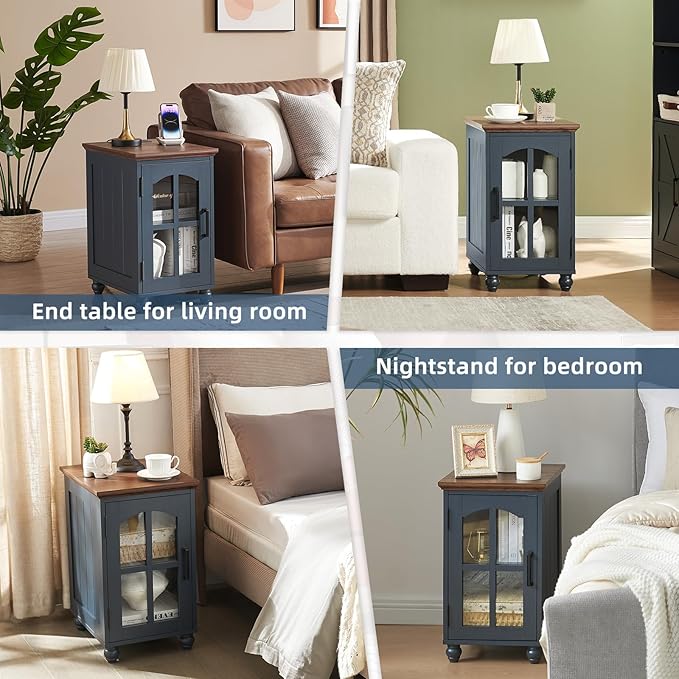 Narrow Side Table,Farmhouse Nightstand with Charging Station,Wood End Table with Glass Barn Door Storage, Cabinet Organizer with Adjustable Shelf, Night Stand for Small Spaces for Living Room Bedroom