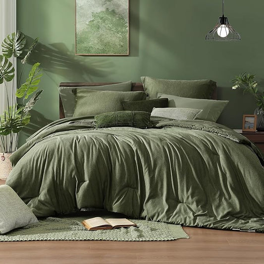 Monbix California King Comforter Set - 7 Pieces Cationic Dyeing Olive Green Bed in a Bag Cal King Bedding Sets with Comforter, Sheets, Pillowcases & Shams, Reversible Bedding Comforters Sets(108 * 92)
