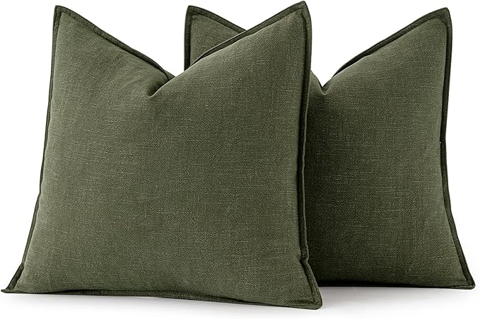 MIULEE Decorative Linen Pillow Covers 20x20 Inch Dark Olive Green Boho Farmhouse Neutral Christmas Couch Throw Pillows for Bed Pack of 2 Accent Modern Pillowcase Sofa Livingroom Home Decor