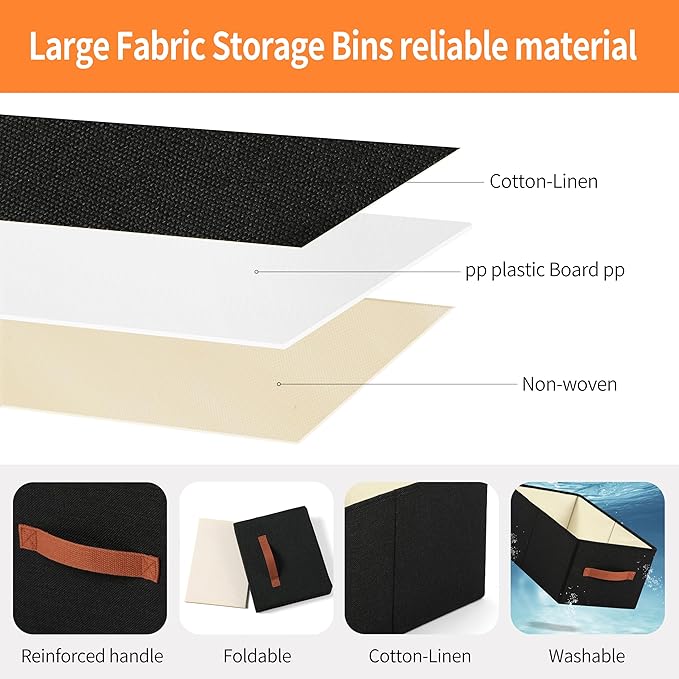 linen closet organizers and storage, 3 Pack Large Storage Baskets, Washable, Clothing Storage Bins with Handle, Closet Organizer for Storage Sweater,Sheets (Black, 16"x9½"x6¾")