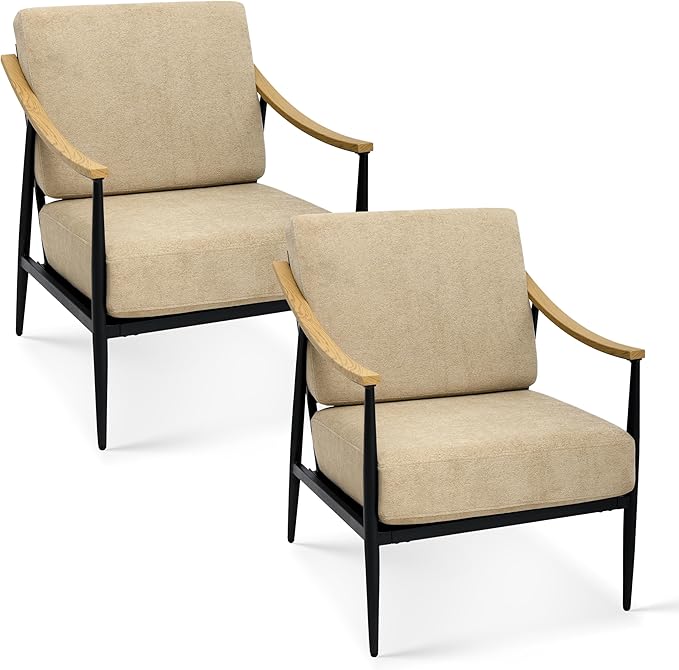 Modern Accent Chairs Set of 2 for Living Room Bedroom Mid Century Arm Chairs Upholstered Office Accent Chairs Comfy Waiting Room Chairs with Metal Frame, Khaki