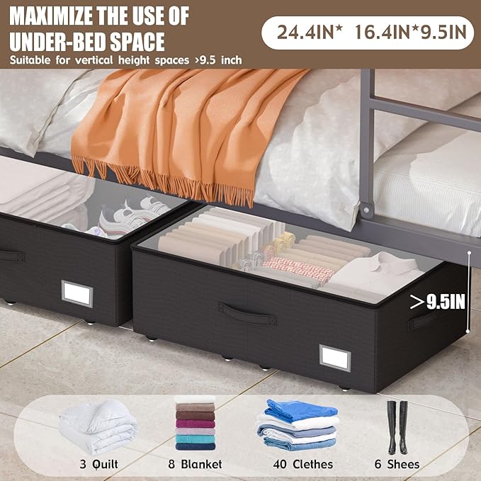 Underbed Storage Bins With Wheels, No Assemble Required 10 inches Height Large Capacity Rolling Underbed Shoe Storage Containers,Dorm Underbed Storage Drawers