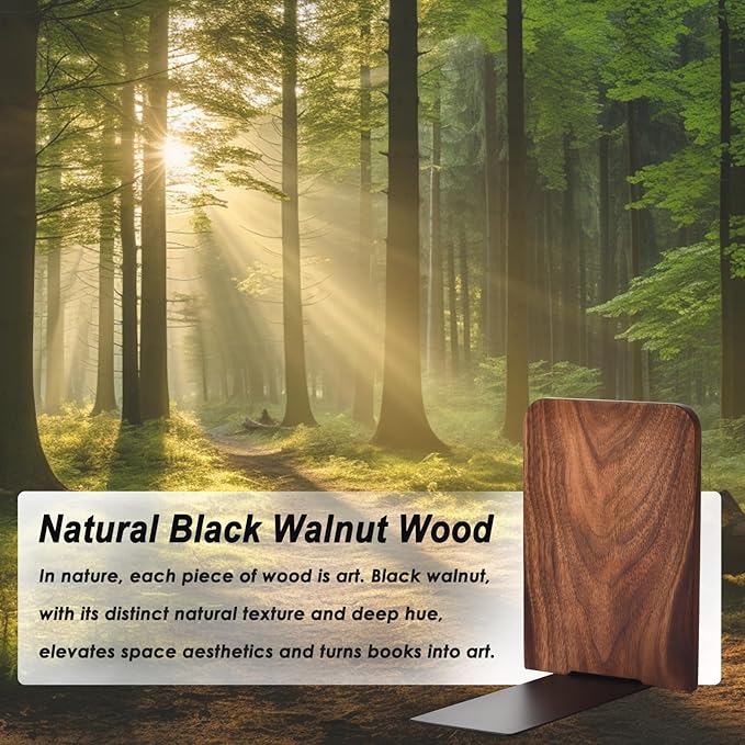 Book Ends, Black Walnut Wooden Bookends for Shelves - Heavy Duty Non-Slip Book Organizers, Upgraded Large Decorative Bookend Holders for Home, Kitchen, Office, Set of 2, Large