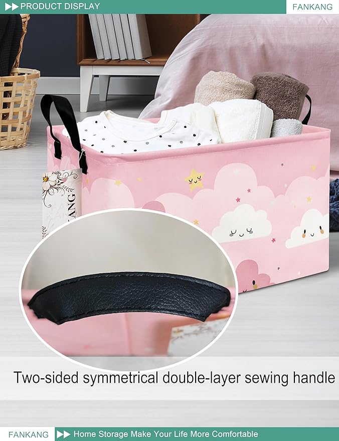 FANKANG Storage Bins, Nursery Hamper Canvas Laundry Basket Foldable with Waterproof PE Coating Large Storage Baskets for Kids Boys and Girls, Office, Bedroom, Clothes,Toys(Rec-pink cloud )