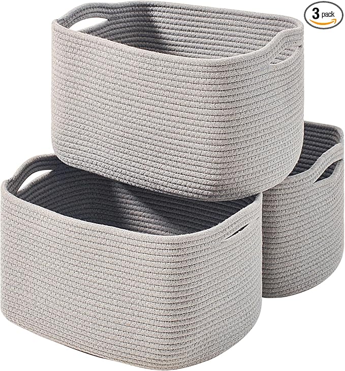 Storage Baskets for Organizing Shelves, Woven Cotton Rope Bins for Baby Nursery Organization, Book Toy Towel Organizer, 15"x11"x9.5", 3 Packs, Grey