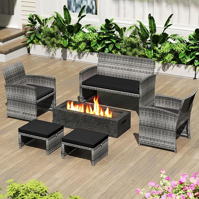 Tangkula 2 Pieces Patio PE Rattan Ottomans, Multipurpose Outdoor Footstool Footrest Additional Seating Side Table with Soft Zippered Cushions for Deck, Garden, and Yard (Black)