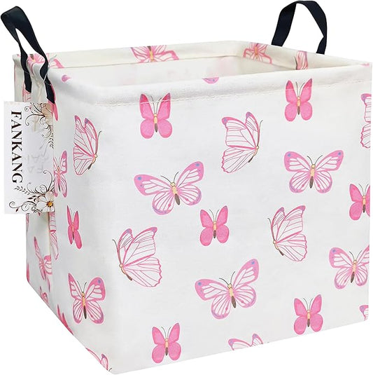 FANKANG Square Nursery Hamper Storage Bins Canvas Laundry Basket Foldable with Waterproof PE Coating Storage Baskets Gift Baskets for Children, Office, Bedroom, Clothes(Square-pink butterfly )