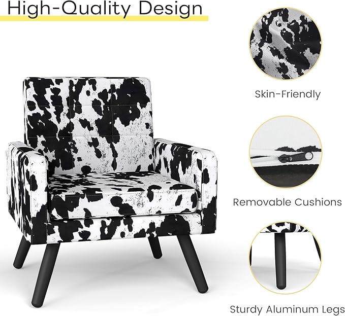 Kromax Mid-Century Modern Accent Chair for Living Room, 496 Lb. Weight Capacity, Dual Armrests, Comfy Extra Large Seat, Timeless Style Perfect for Reading & Relaxing, Cow Pattern