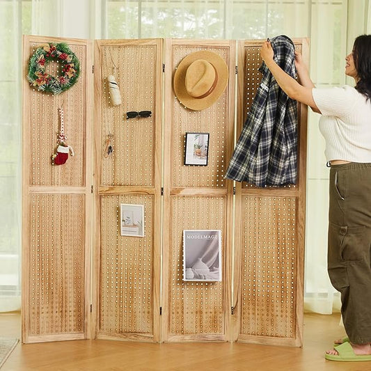 Room Divider Freestanding Folding Pegboard Privacy Screen | 4-Panel Display Stand for Jewelry, Craft Shows, Retail | Natural Wood, Portable & Space-Saving Design (Natural)