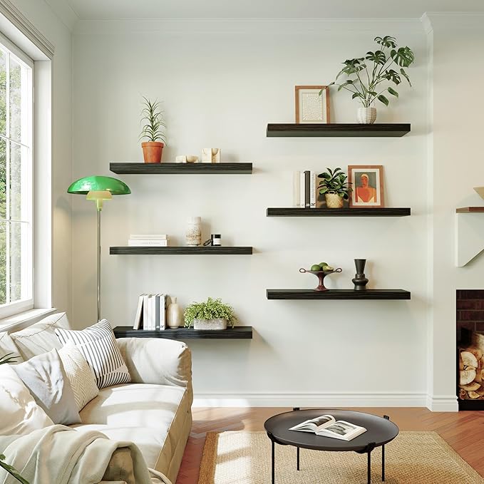 Large Floating Shelves for Wall Set of 3 Wooden Wall Shelves 36 in x 12.75 in x 2 in Room Decor Long Shelf with Invisible Wall Mount Bracket for Bedroom Kitchen Living Room Black Wood
