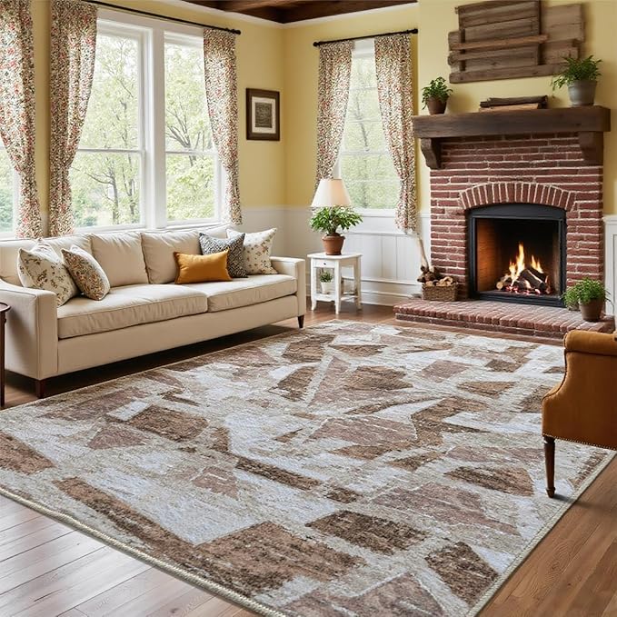 Modern Abstract 8X10 Area Rug for Living Room Bedroom Washable, Non-Slip Rubber Backing Print Faux Wool Thin, Brown Throw Large Carpet for Kids Playroom Dining Room Pet & Child Friendly