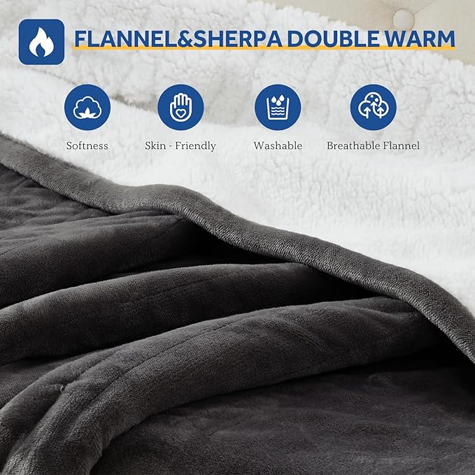 Sealy Electric Blanket Throw Size 50"*60",Super Cozy Flannel to Sherpa Reversible Heated Blanket Throw with 6 Heating Levels & 2-10 Hours Auto Off Overheating Protection Machine Washable,Charcoal