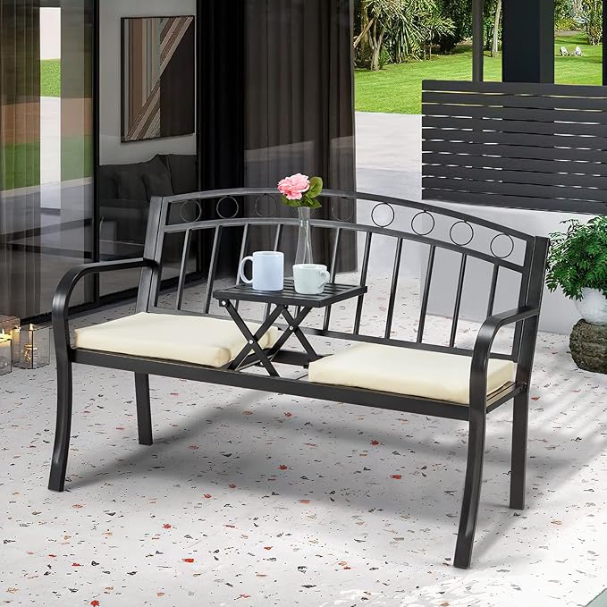 AVAWING Outdoor Metal Garden Bench, 2-Seat Patio Porch Bench with Steel Frame, Park Bench w/Pullout Middle Table& Cushion for Backyard Lawn Deck Entryway, Black