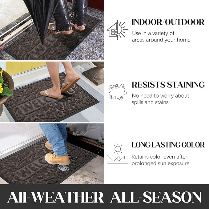 Yimobra Welcome Front Door Mat Outdoor, Heavy Duty Sturdy Non Slip Doormats, Rubber Backing, Low-Profile Entrance Rugs, Absorbent Resist Dirt, Easy Clean Patio Garage Floor Mats, 60X36 Inch, Brown