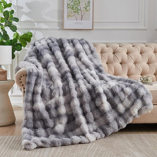 Lotus Karen Queen Size Faux Fur Blanket Tie-Dye Gray - Big Bubble Rabbit Fluff Throw for Bed Large Fluffy Fuzzy Cozy Thick Furry Plush Shaggy Blankets for Men 90x90 Inches