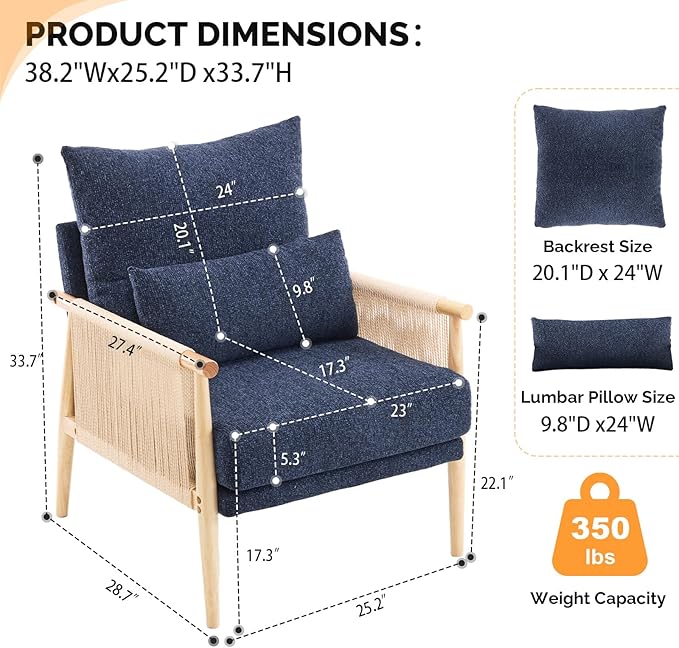 VINGLI Boho Braid Accent Armchair,Mid-Century Modern Chiar with Solid Wooden Armrest,Comfy Louge Cushion Chair with Waist Pillow for Bedroom,Living Room,Reading Room, Blue