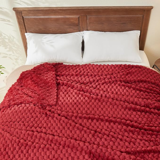 NEWCOSPLAY Super Soft Queen Blanket Red Premium Silky Flannel Fleece 3D Clouds Stylish Jacquard Lightweight Bed Blanket All Season Use 350GSM (Red, Queen(90"x90"))