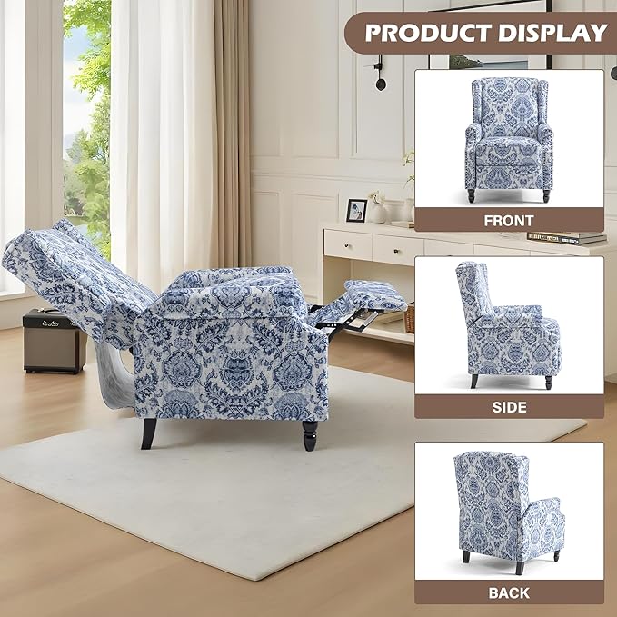 UIXE Floral Pushback Recliner Chair, Fabric Upholstered Armchair Push Back Accent Chair for Living Room, Rivet Trim Club Chair Home Theater Single Sofa Reading Seat - Navy Blue