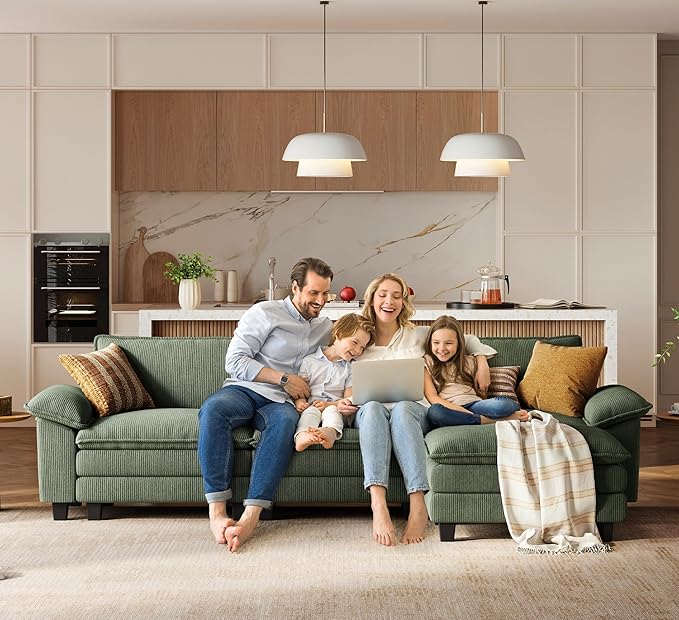 LINSY HOME Modular Sectional Sofa - 123'' Oversized Corduroy Cloud Couch L Shaped Couch with Movable Ottoman Soft Modern Comfy Sofa for Living Room Apartment Office, Green
