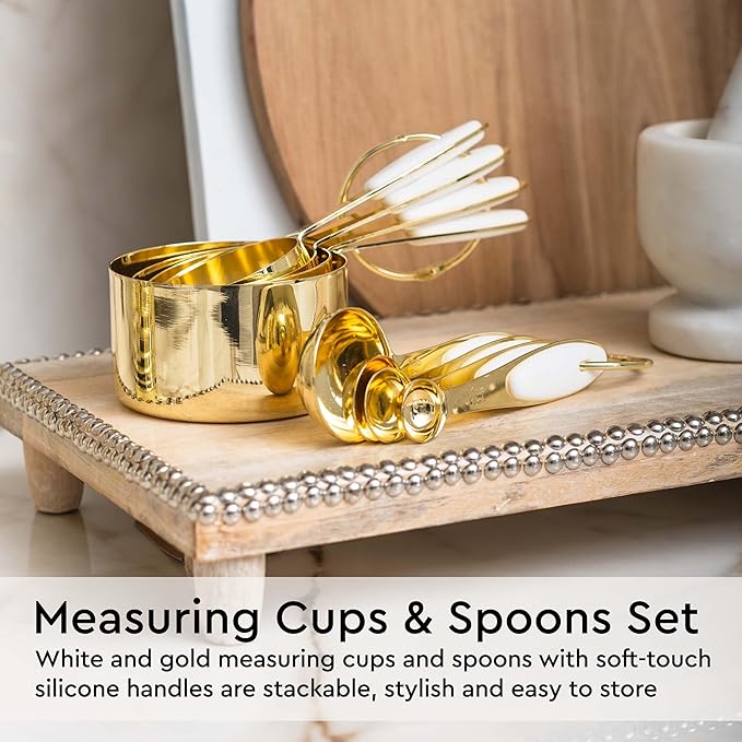 White and Gold Kitchen Utensils Set - 23-Piece Gold Kitchen Accessories Include Measuring Cups and Spoons Set, Silicone Utensils, and Utensil Holder for Baking, Cooking, and Stylish Kitchen Decor