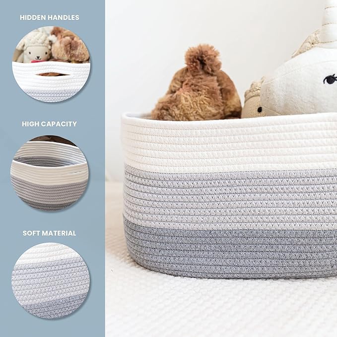 OrganiHaus Woven Storage Baskets for Organizing, Cotton Rope Organizer Bins for Shelves, Closet & Nursery, Dog Toy Basket, Decorative Bins for Toys, Towels & Books - 15x10x9, Grey