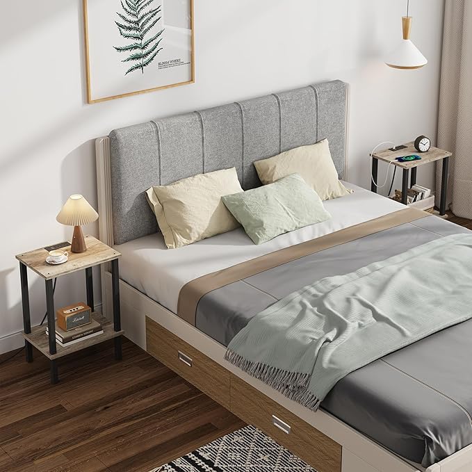 TUTOTAK End Table with Charging Station, Set of 2, Small Side Table, Nightstand Bedside Table, 2-Tier Storage Shelf for Small Space, Living Room, Bedroom Greige V1TB01BG041