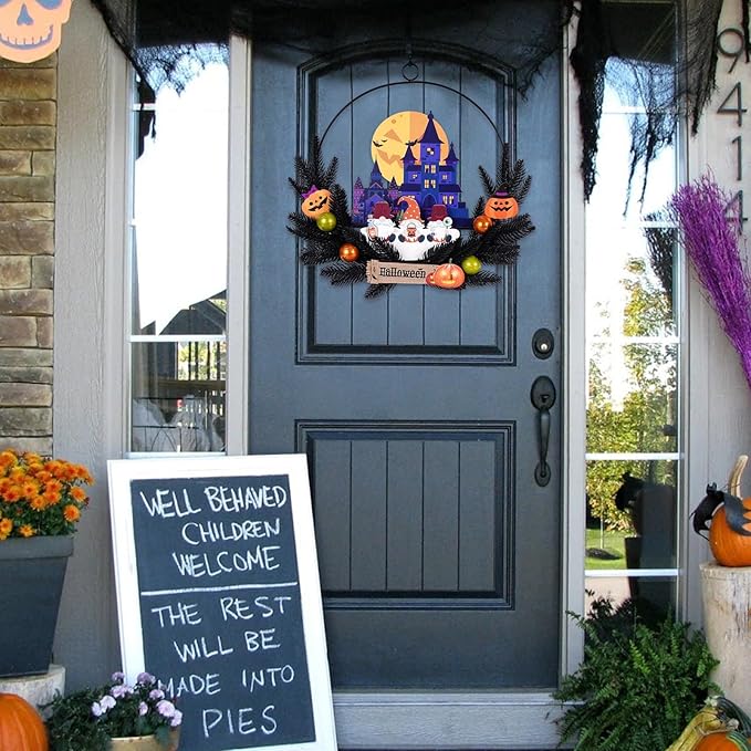 Lighted Halloween Wreaths for Front Door, Welcome Metal Wooden Door Wreath Decor Hanging Sign, 30 LED Lighted Wall Decor Battery Operated for Halloween Indoor Outdoor (Dwarf)