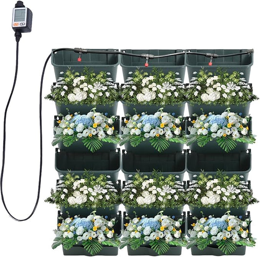 Self-Watering Wall-Mounted Planter, Vertical Garden Planter Set with 18 Pots, Stackable Plant Grow Pots with Electronic Timer for Growing Veggies, Fruits, Herbs, Flowers.