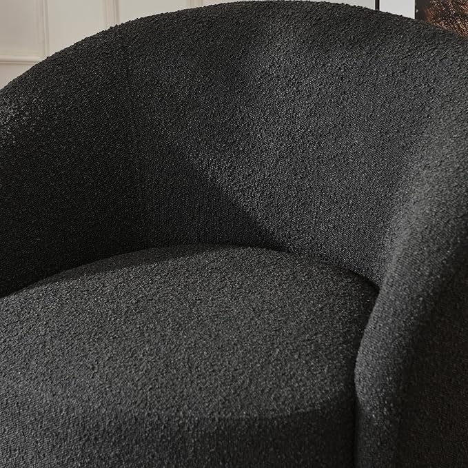KINWELL 34" W Mid Century Modern Swivel Barrel Chair, Round Upholstered Boucle Swivel Accent Chairs, No Assembly Sofa Chair for Living Room Bedroom Reading Apartment Lounge Nursery(Black)