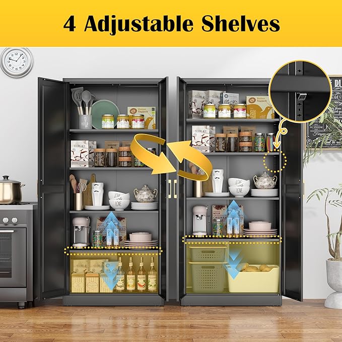 Kitchen Pantry Cabinet,71”Black Metal Pantry Storage Cabinet with Doors and 4 Adjustable Shelves,Kitchen Cabinet with 2 Gold Handles,Tall Cabinet for Livingroom,Pantry, Bathroom