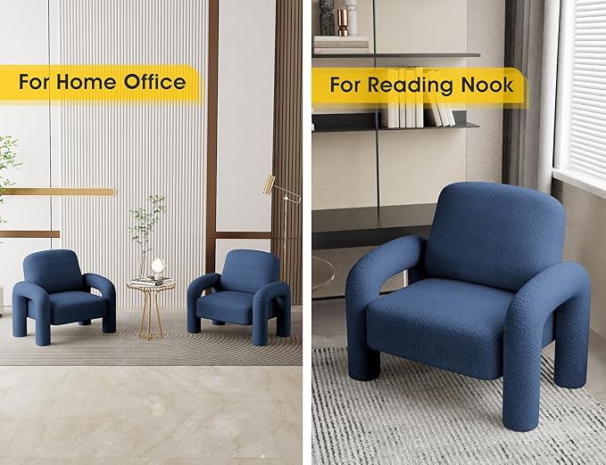 Modern Sherpa Accent Chair, Teddy Upholstered Arm Single Sofa, Cozy Fluffy Reading Chair for Living Room, Bedrooms, Corner (Navy Blue)