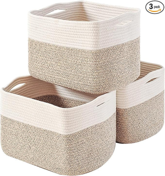 Storage Baskets for Organizing, Woven Cotton Rope Basket for Storage Books, Baby Organizing Baskets, Toy Storage Basket, 15"x11"x9.5", 3 Packs, Off White & Brown