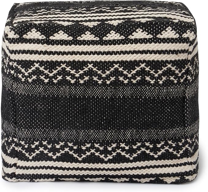 REDEARTH · Tufted Pouf Ottoman with Filler Textured Storage Cube Bean Bag Pouffe Footrest for Living Room, Bedroom, Nursery, Kidsroom; 100% Cotton (17.5"X17.5"X17.5", Ziggurat Obsession Black)