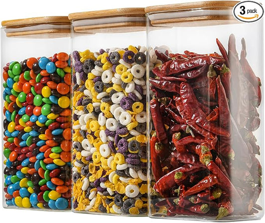 56oz Rectangle Airtight Glass Storage Containers with Bamboo Lids (Set of 3), Square Food Storage Jar, Pantry Organizers for Oats, Cereal, Pasta and Coffee beans (with Black Lable)