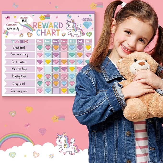 Reward Chart for Kids,Magnetic Behavior Chore Chart for Kids at Home,26 Little Hose Chore Charts,1960 Diamond Stickers,56 Reward Stickers,Incentive Chart to Develop Responsibility and Good Habits,Pink