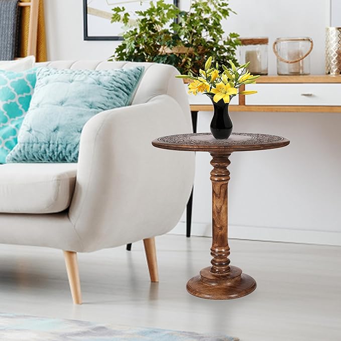 Lightnpro Hand Carved Solid Mango Wood Round Pillar Accent Table - 18" × 22" Rustic Farmhouse Side End Table | VintageRustic Boho Nightstand for Living Room, Bedroom & Entryway