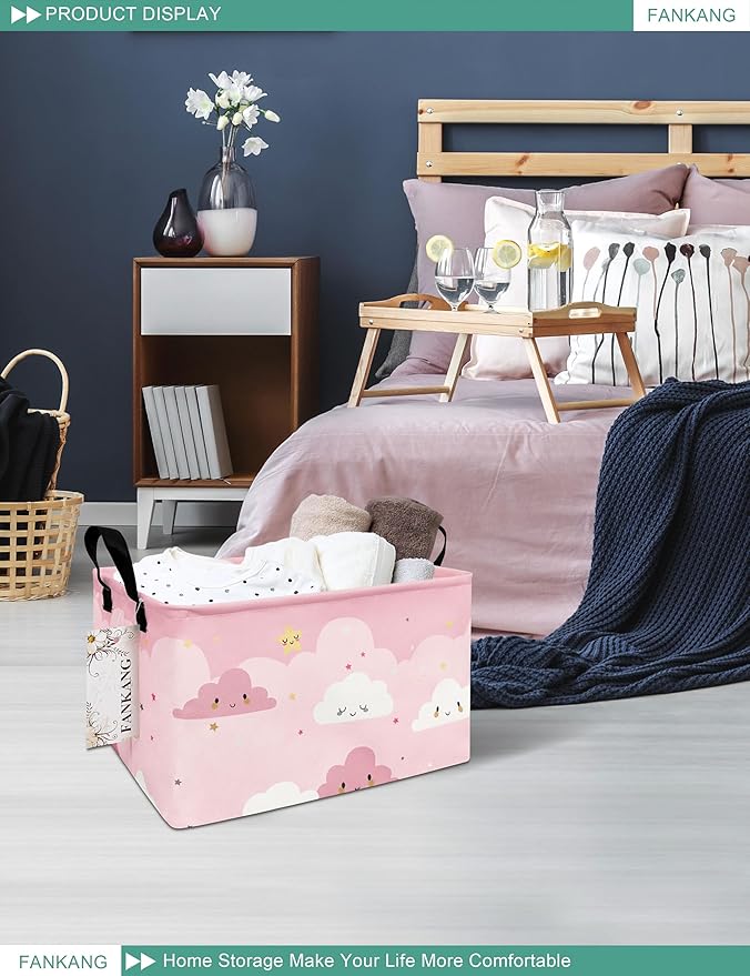 FANKANG Storage Bins, Nursery Hamper Canvas Laundry Basket Foldable with Waterproof PE Coating Large Storage Baskets for Kids Boys and Girls, Office, Bedroom, Clothes,Toys(Rec-pink cloud )