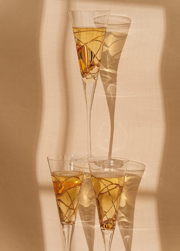 Victoria Barcelona Champagne Flute Set of 2 – 7.5 oz Mouth‑Blown Golden Luster Glass | Hand‑Painted with Real Gold Dust, Gaudí & Murano Inspired | Artistic Premium Gift Ideas for Her or Him