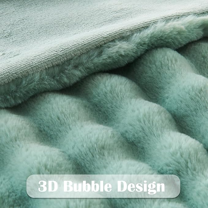 NEWCOSPLAY Faux Fur Queen Blanket Sage Green Bubble Blanket Thick Warm Soft for Couch Sofa Bed 550GSM (New Sage Green, Queen(90"x90"))