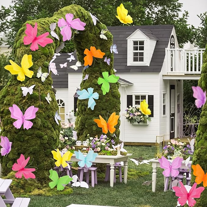 SUNBEAUTY 6Pcs Hanging Butterflies, Large Butterfly Decorations, 3D Paper Decoration, Pink Green Blue Orange for Baby Shower Decor Girls, Women, Paper Flowers for Wall