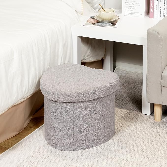 B FSOBEIIALEO Storage Ottoman Cube, Heart Shaped Ottomans with Storage Foot Stool Footrest for Lving Room, Boucle Ottoman Seat for Dorm Room,Faux Teddy Fur, Grey 15"x15"x15"